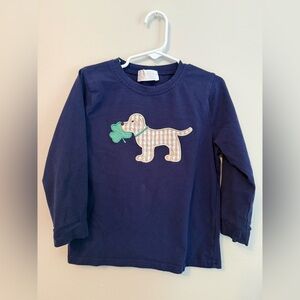 Cecil and Lou Navy Blue Shirt with Dog Appliqué Holding Four Leaf Clover